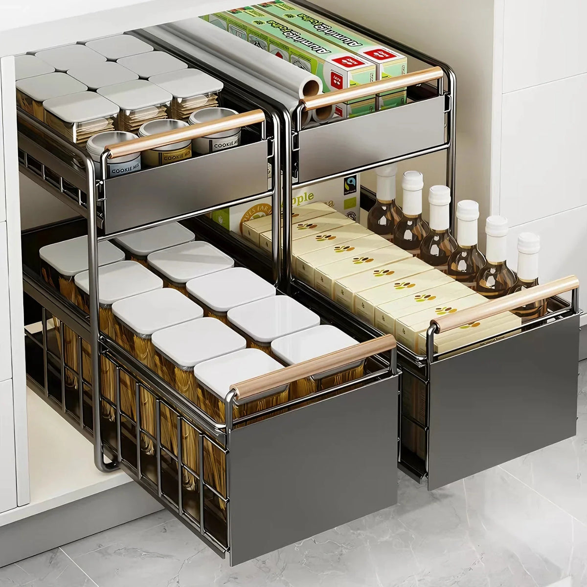 Étagère de rangement coulissante pour organiser un placard de cuisine