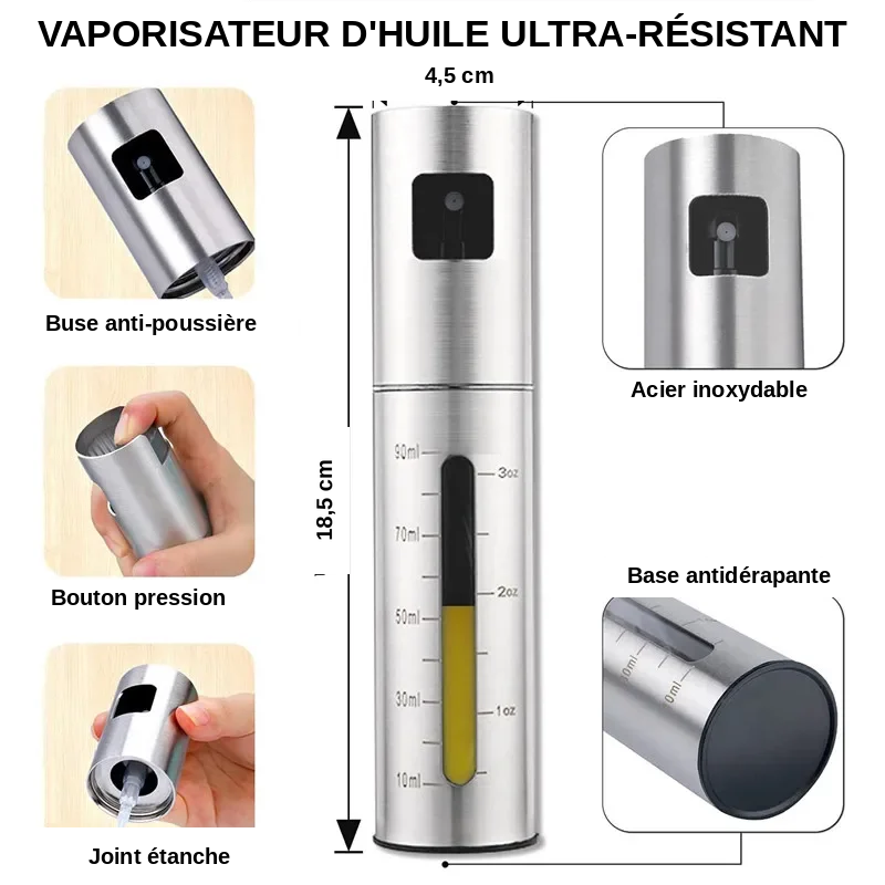 Vaporisateur d'huile inox ultra-resistant avec dimensions et caracteristiques anti-poussiere
