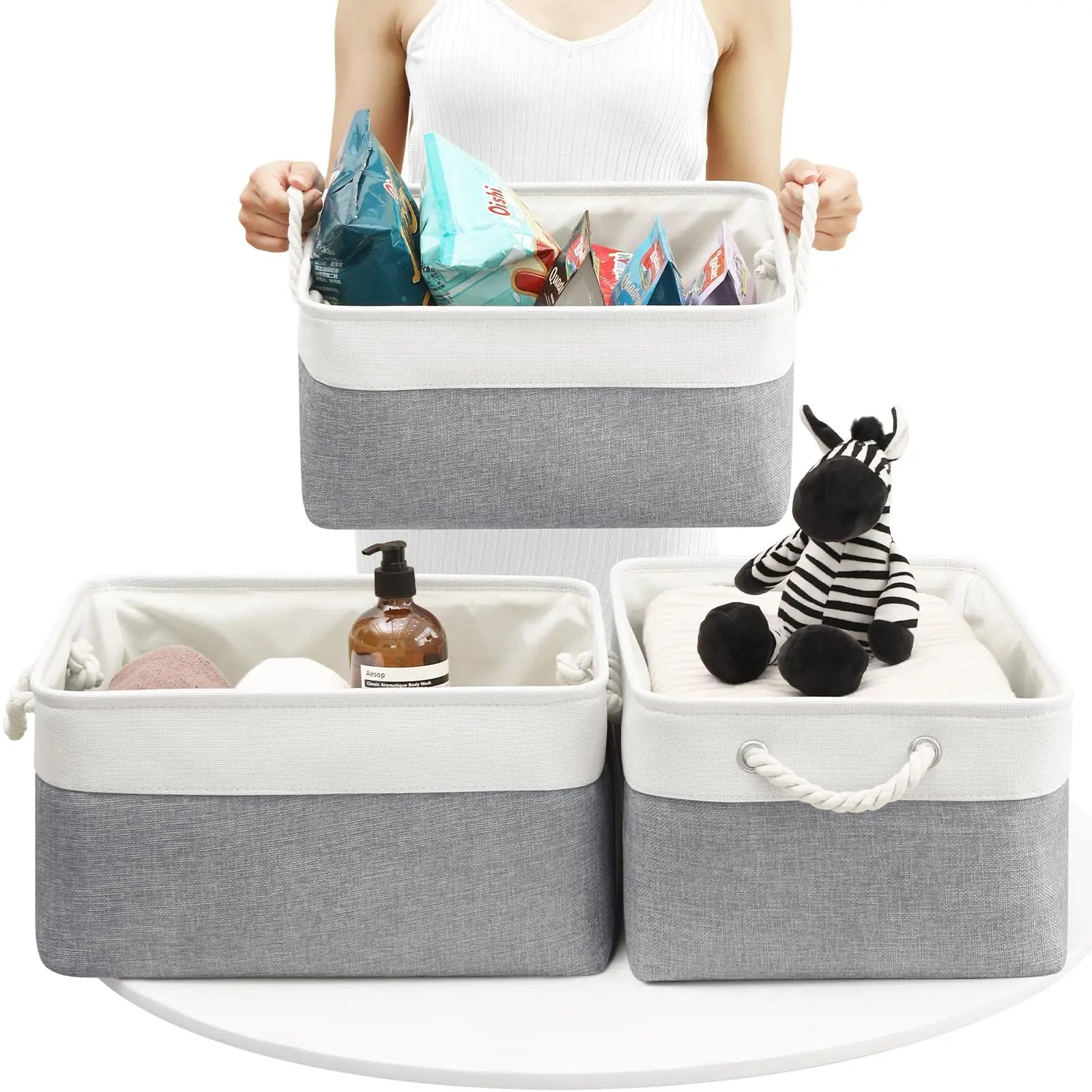Lot de 3 paniers de rangement pliables en tissu de lin