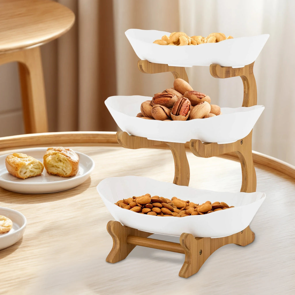 Présentoir à étages en bambou pour fruits et pâtisseries