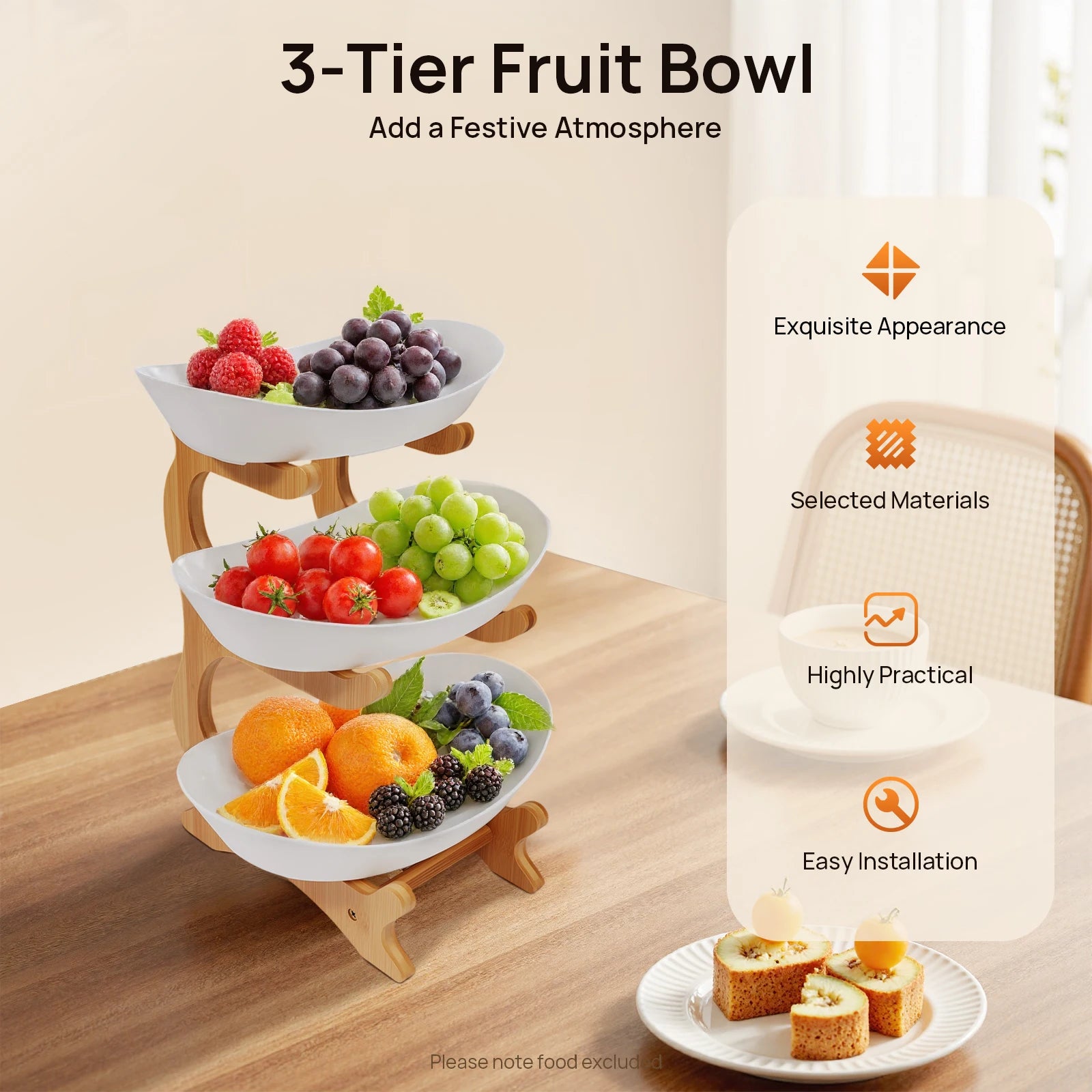 Présentoir à étages en bambou pour fruits et pâtisseries