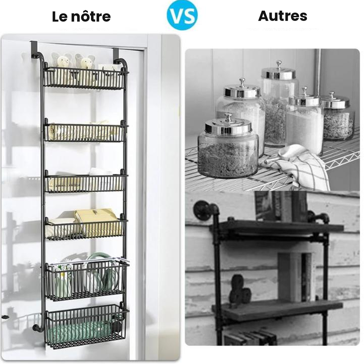 Étagère suspendue de porte, 6 paniers métalliques