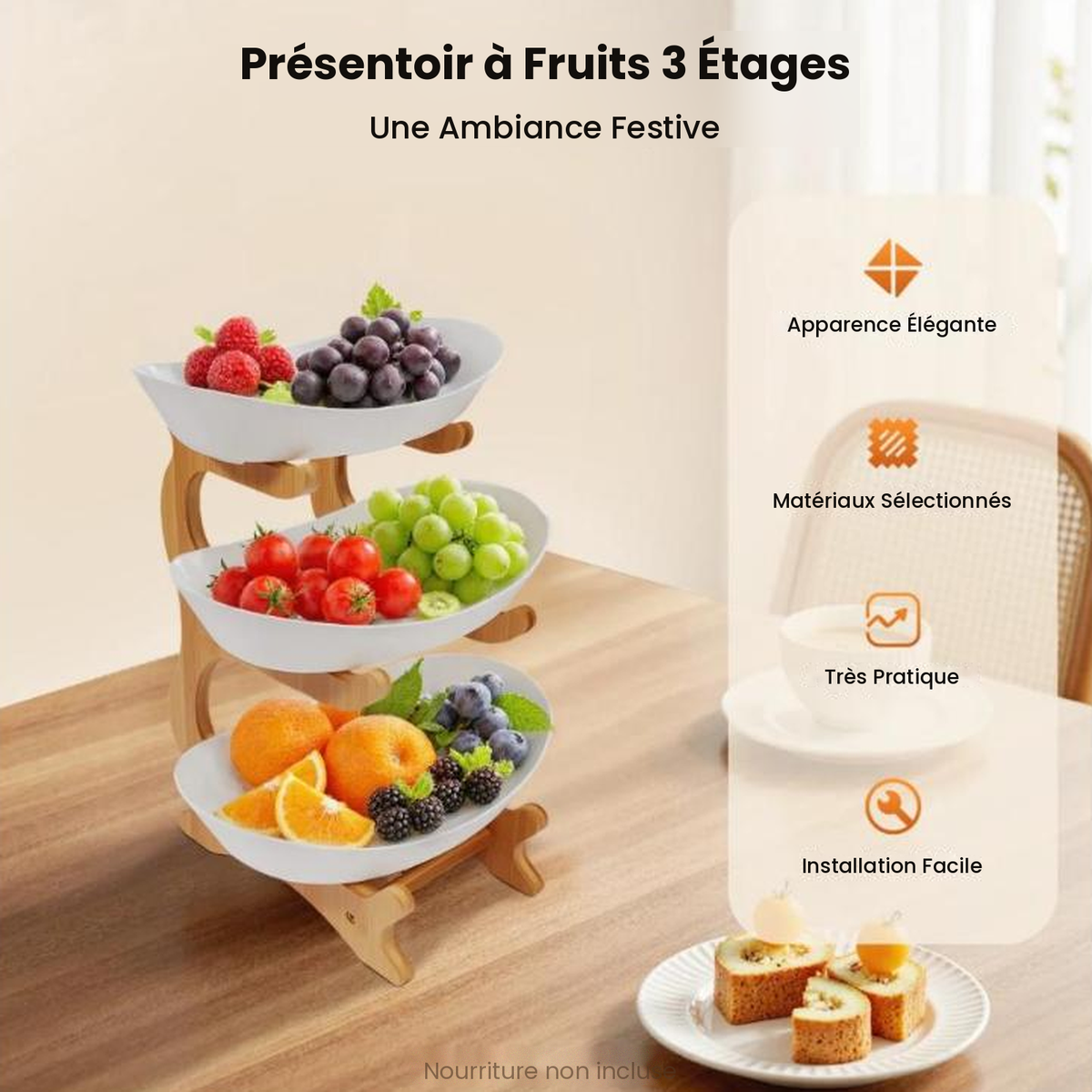 Présentoir à étages en bambou pour fruits et pâtisseries